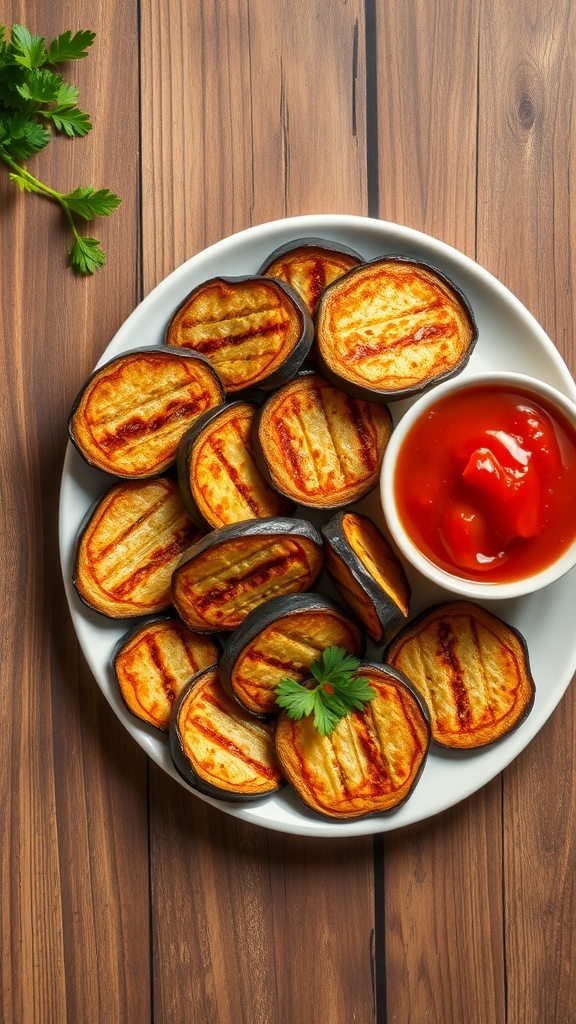 Crispy Air Fryer Eggplant Recipe Crispy air-fried eggplant slices on a plate with marinara sauce, garnished with parsley.